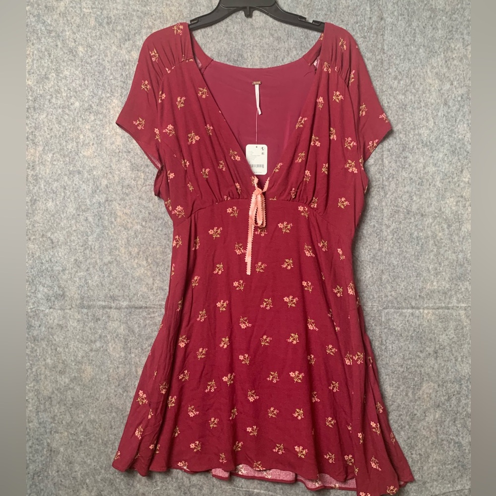 Free People Women Size Large Floral Boho Tie-Detail Mini Tea Dress Earth Red - Picture 2 of 11